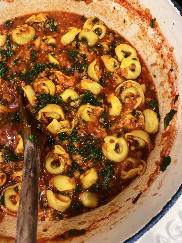 Meal In A Jar Tortellini Soup in a Big White Pot