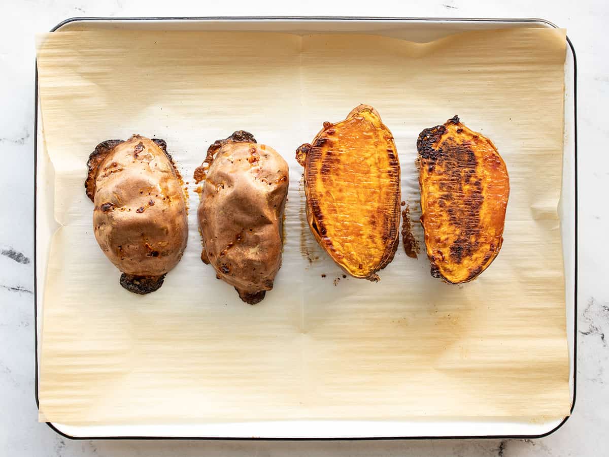 roasted sweet potatoes on a baking sheet