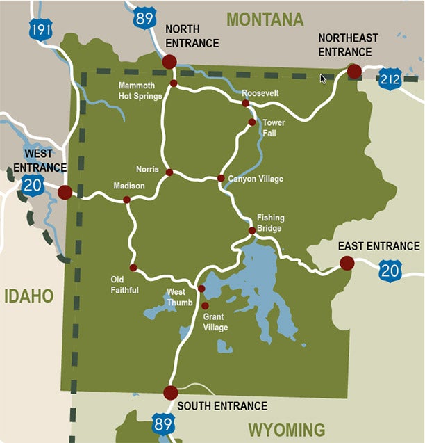 Yellowstone road map showing entrances and the Grand Loop Road