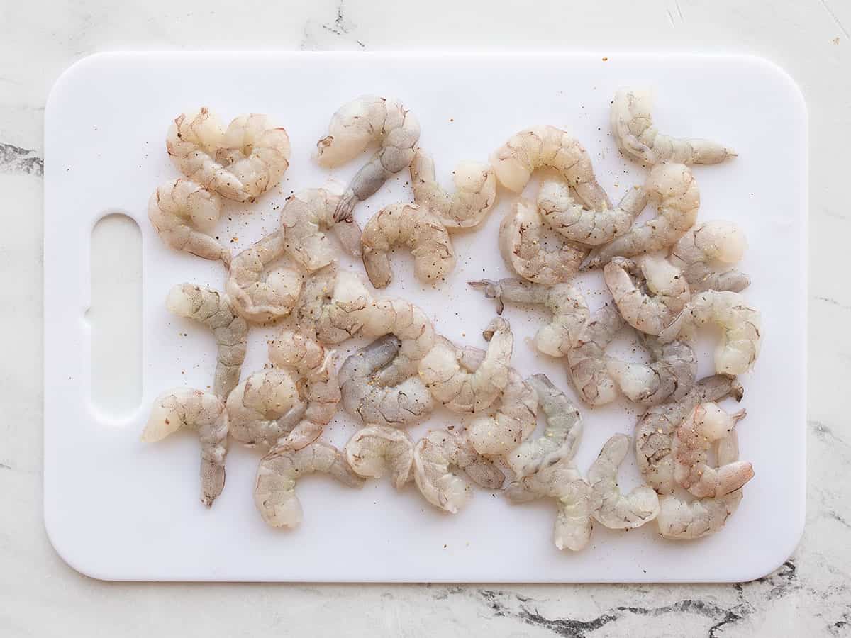 Dried and seasoned shrimp on a cutting board
