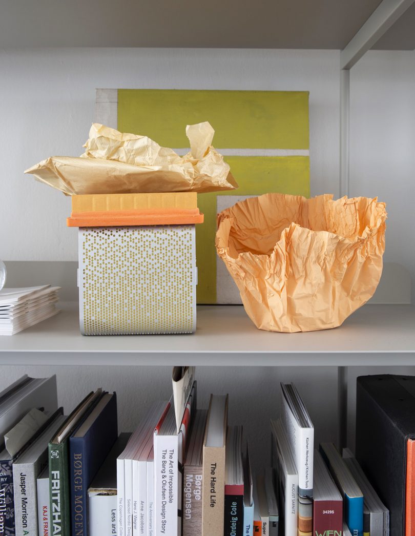 bookshelves with books and paper