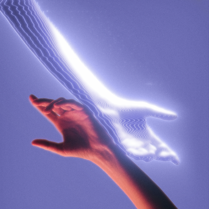 one realistic and one digital hand on periwinkle background