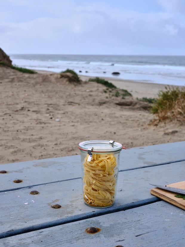 Spicy Coconut Curry Noodle Ingredients arranged in a Weck Jar