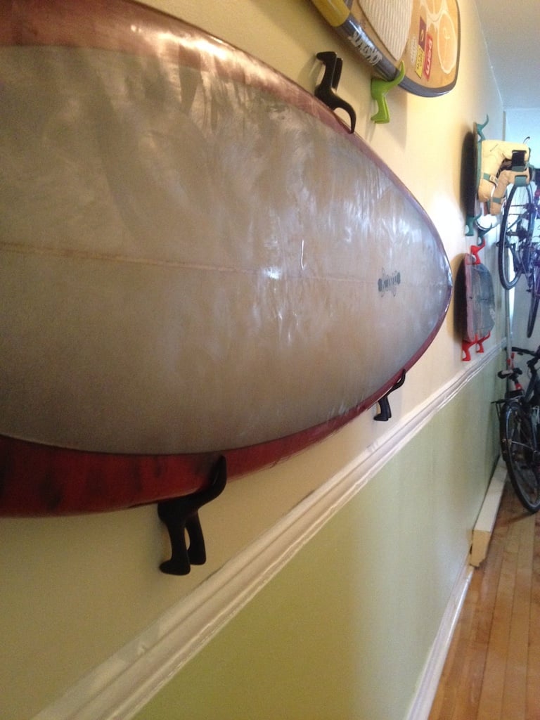 surfboard wall mount with IKEA hooks