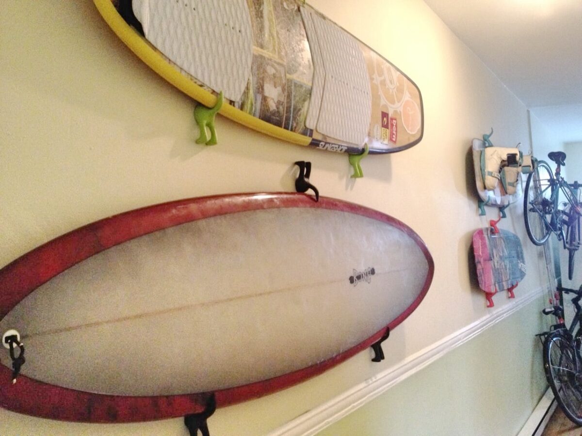 surfboard wall mount with IKEA hooks