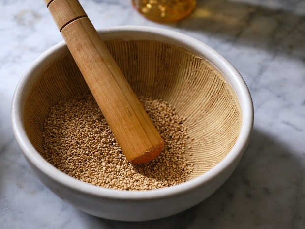 Sesame Seeds in a Grinding Bowl