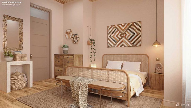 replica of Monica Geller's bedroom in apartment on Friends with biophilic aesthetic