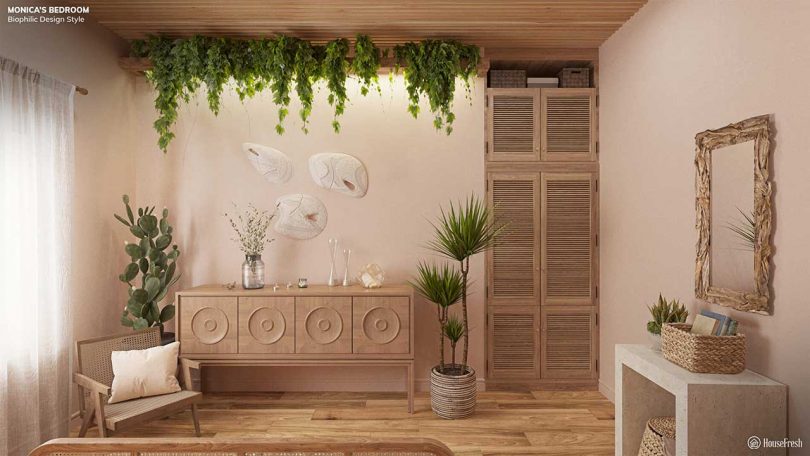 replica of Monica Geller's bedroom in apartment on Friends with biophilic aesthetic
