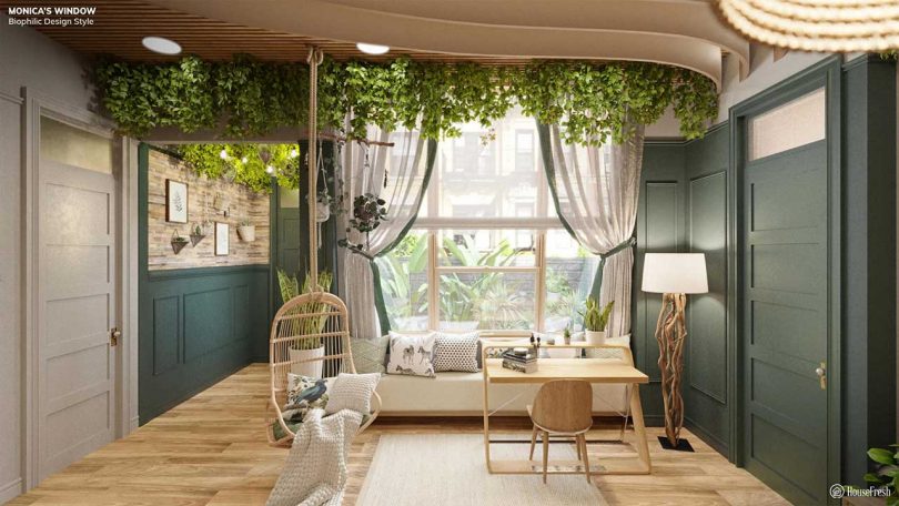 replica of Monica Geller's living room in apartment on Friends with biophilic aesthetic looking out window