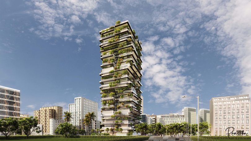 tall building with lots of greenery growing on each side