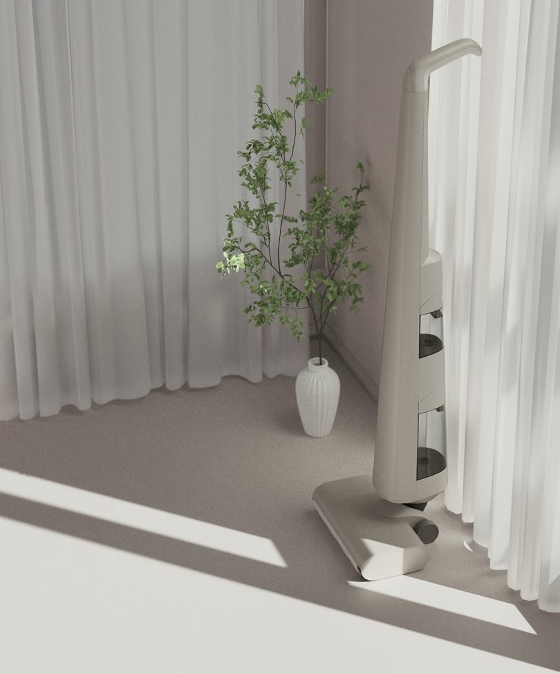 3D render of Actoplus Cordless Wet-Dry Vacuum Cleaner design situated in a corner of room surrounded by sheer white curtains.